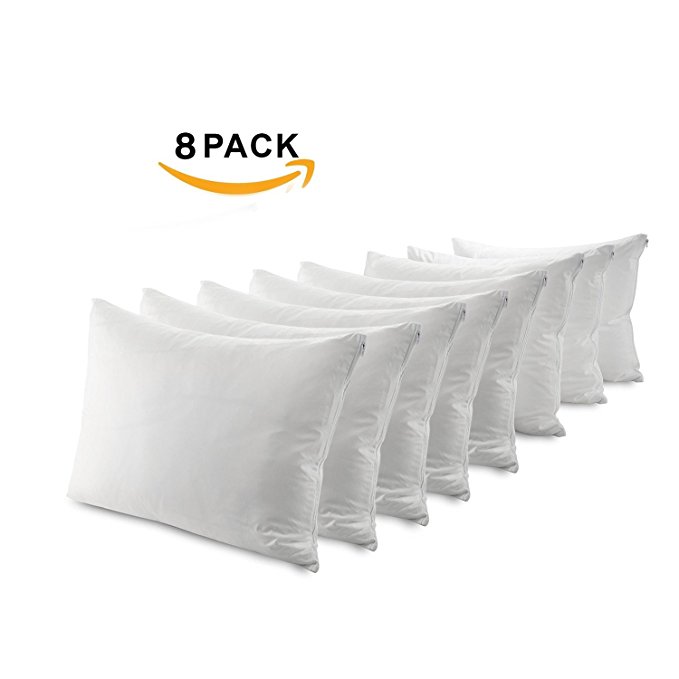 MASTERTEX Guardmax Waterproof Pillow Protectors Zippered Encasement Blocks Bed Bugs and Dust Mites (Set of 8) Hypoallergenic Covers Non Noisy (Queen Size - 8 Pieces – White Color)