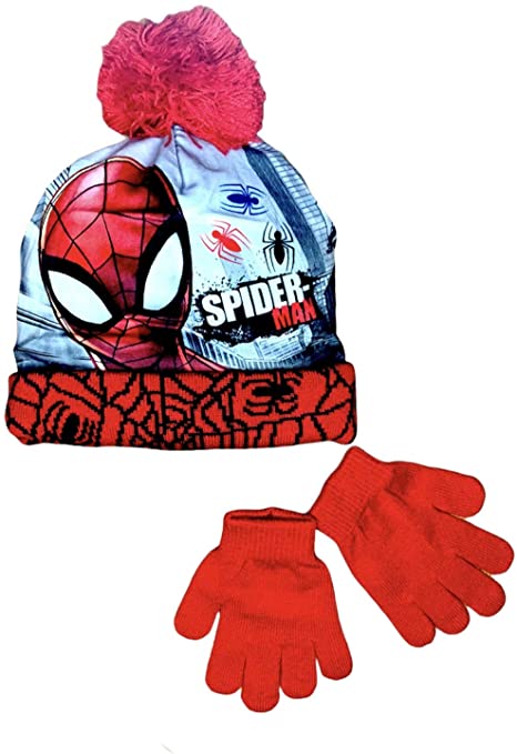 Boys Marvel Spiderman Avengers Beanie Hats or Hat Scarf and Glove Sets (54 cms (Ages 4-8), Red Spiderman Bobble Hat)