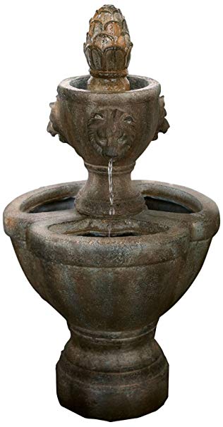 Outdoor Water Fountain, 2 Tier Lion Head Fountain With Natural Looking Stone and Soothing Sound for Decor on Patio, Lawn and Garden By Pure Garden