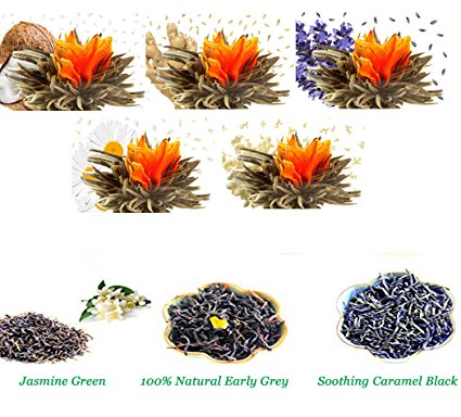 Tea Gift Assorted DETOX Flowering Tea (4 ct) Jasmine Green Tea (20g) Earl Grey 100% Natural (20g) Caramel Black Tea (20g) Loose Tea and Blooming tea