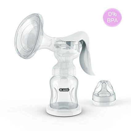 BPA Free Manual Breast Pump, Dr.meter Food Grade Milk Pump Suction with 180 Degree Rotated Handle for Storing and Feeding, Bottle base and Nipple with Lid Included