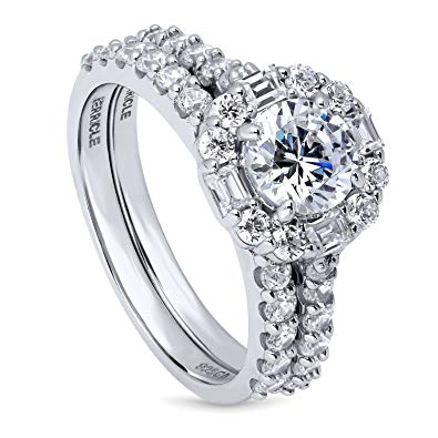 BERRICLE Rhodium Plated Silver Cubic Zirconia CZ Art Deco Halo Engagement Ring Set 2.41 CTW