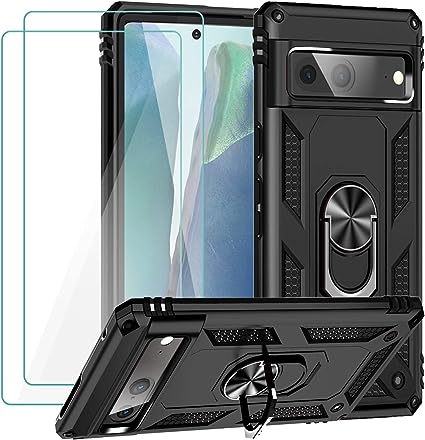 Muntinfe for Google Pixel 7 Case with Tempered Glass Screen Protector [2 Pack], Military-Grade Armor Shockproof Protective Phone Case Cover with Ring Magnetic Kickstand for Pixel 7, Black