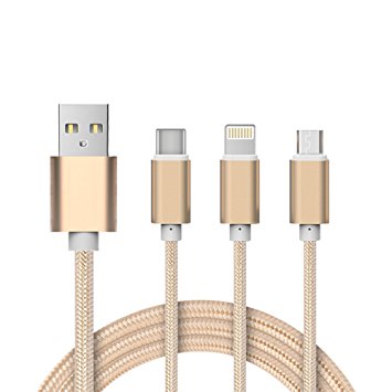 ElementDigital USB to Lightning   USB C   Micro USB 3-in-1 Charging Cable Multiport USB Male to 8 Pin Lightning Connector Type C 3.1 Multi Charger Cable for iPhone, iPad, iPod, MacBook (Gold)
