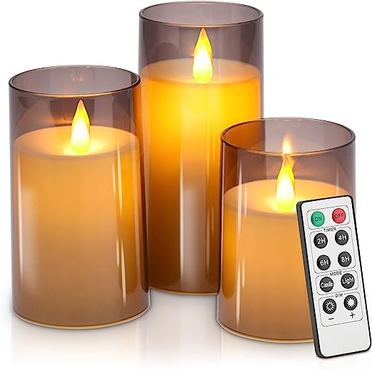 Aignis Flameless Candles Flickering Battery Operated Candles Pack of 3(D: 3" x H: 4" 5" 6") LED Candles Made of Unbreakable plexiglass and Remote Control with 24-Hour Timer (Elegant Gray)