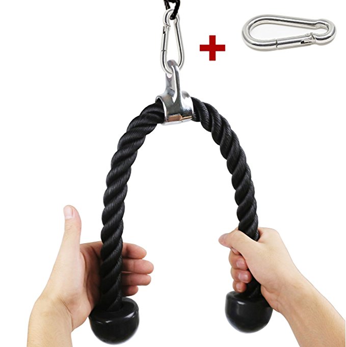 Tricep Rope Fitness Attachment Cable Machine Pulldown Heavy Duty Coated Nylon Rope With Solid Rubber Ends 27 inches   Snap Hook