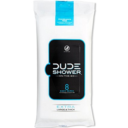 DUDE Shower Body Wipes, Unscented, Naturally Soothing Aloe and Hypoallergenic (1 Pack, 8ct Pack)