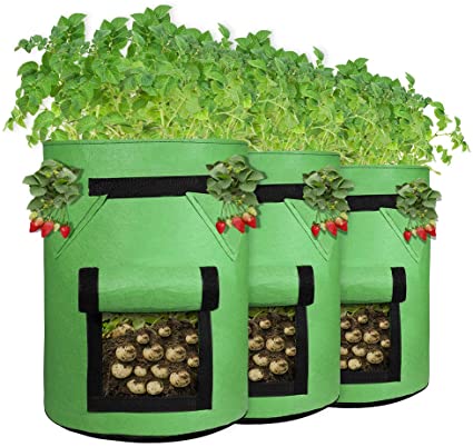 3 Pack 10 Gallon Grow Bags, Potato Grow Bags with 2 Access Windows, Premium Non-Woven Fabric Pots with Handles, Strawberry Planter Bag with 4 Extra Growing Pockets, Grow Bag for Vegetables, Green