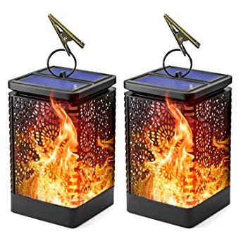 Solar Lantern Lights, Waterproof Outdoor Hanging Solar Lights with Dancing Flame and Dusk to Dawn Auto Turn On/Off Function, Solar Flame Landscape Lights for Garden Patio and Yard (2 Pack)