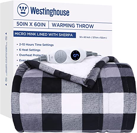 Westinghouse Electric Blanket Heated Throw Blanket, Plaid Sherpa Heating Blanket, 6 Heating Levels & 2 to 10 Hours Heating Time Settings, Black Plaid, 50"x60"