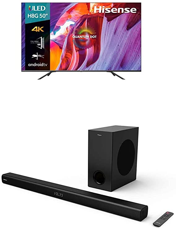 Hisense 50-Inch Class H8 Quantum Series Android 4K ULED Smart TV with Voice Remote   2.1 Channel Sound Bar Home Theater System with Wireless Subwoofer and Bluetooth (Model HS218)