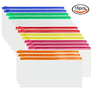 JPSOR 16pcs 7 Color Poly Zip Envelope File Bag Bill Bag Pencil Case, 9"x 4.7"