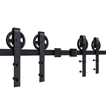 SMARTSTANDARD SDH1300BIGWHEELBK Sliding Barn Door Hardware Kit, 13' Double Rail, Fit 36"-40" Wide DoorPanel, (Big Industrial Wheel Hangers), Black, Super Smoothly and Quietly, Simple and Easy to Install