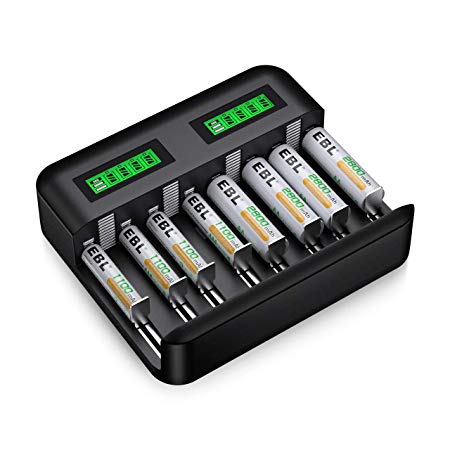 EBL LCD Battery Charger with Type C Input for AA AAA C D Rechargeable Batteries - 2800mAh AA Battery x 4, 1100mAh AAA Batteries x 4, Battery Charger and AA AAA High-capacity Rechargeable Batteries Set