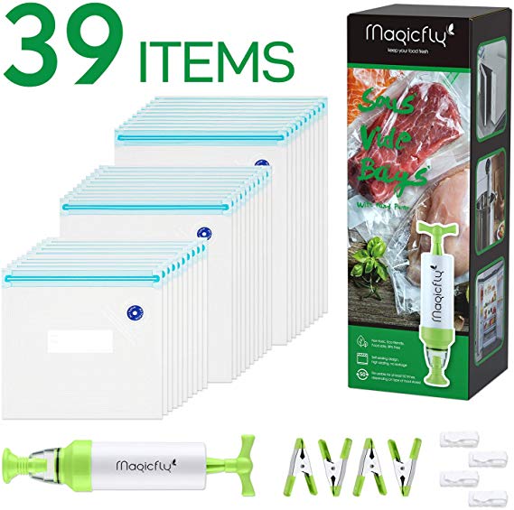 Reusable Sous Vide Bags, Magicfly 30 BPA Free Sous Vide Vacuum Bags for Food Storage with Pump, 3 Sizes, 4 Sealing Clips & 4 Sous Vide Clips for Food Storage, Anova, Joule, Sous Vide Cooking