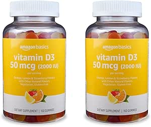 Amazon Basics Vitamin D3 2000 IU Gummies, Orange, Lemon & Strawberry, 160 Count (2 per Serving) (Previously Solimo) (Pack of 2)