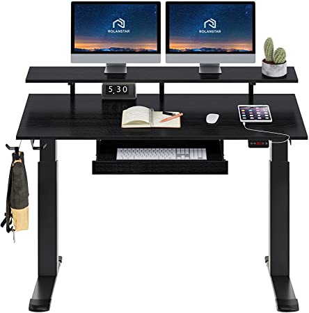 Rolanstar Standing Desk Dual Motor Adjustable Height Desk with Keyboard Tray 55" Electric Stand Up Desk with USB Charging Ports, Computer Workstations with Shelf and Headphone Hooks Black