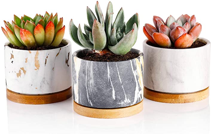 Greenaholics Marble Pattern Plant Pots, Ceramic Planters with Drainage Hole, Round Succulent Pots Indoor, Set of 3, Black&White