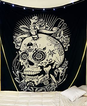 Black and White Tapestry Wall Hanging- Human Skeleton Halloween Hippie Bohemian Human Skull Head Gypsy Boho Dorm Room Decor 90x84 Inches