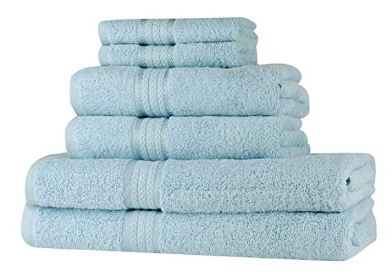 SweetNeedle Super Soft 6 Piece Towel Set Light Blue, Luxurious 100% Ringspun Cotton, Heavy Weight & Absorbent with Rayon Trim - 2 Large Bath Towels 70x140, 2 Hand Towels 50x90, 2 Wash Cloths 30x30 CM