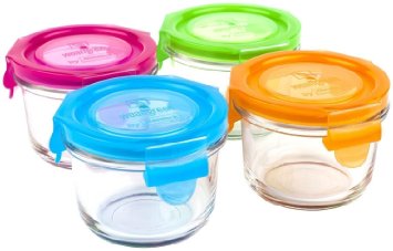 Wean Green Round Wean Bowls 6oz/165ml Baby Food Glass Containers - Multi Color Garden (Set of 4) Featuring Raspberry, Blueberry, Pea, Carrot