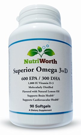 NutriWorth Superior Omega 3   D with Non-GMO mixed Tocopherols! Maximum Potency (600 mg EPA, 300 DHA  1000 ui Vitamin D-3 per gel tab) 90 gel tabs