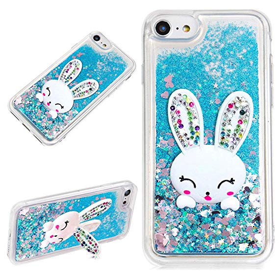 LCHDA iPhone 5 5S SE Liquid Glitter Case Blue with Bunny Ear Sparkle Quicksand Floating Luxury Bling Cute 3D Cartoon Rabbit Kickstand Crystal Silicone Cover Bumper for Girls Women