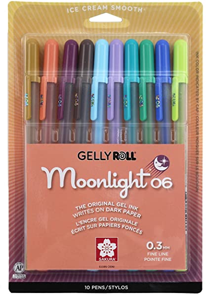 Sakura Gelly Roll Moonlight 10 Pack, 06 Fine point, Earth & Jewel Tone Colors, Opaque Gel Pens, Creamy Smooth Ink, Writes on Dark Paper