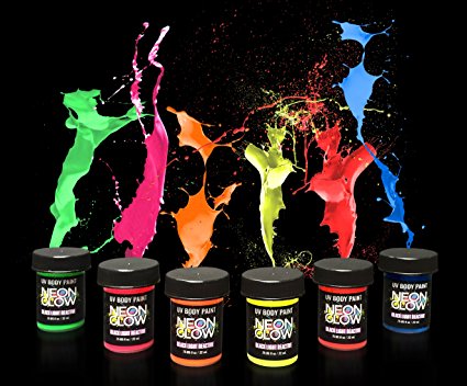 Neon Glow Blacklight Body Paint #1 Premium Set (6 pack of .75 oz. bottles) Glows Brighter, UV Reactive- Safe and Non-Toxic! Fluorescent Set Dries Quickly, Goes on Smooth, Not Clumpy