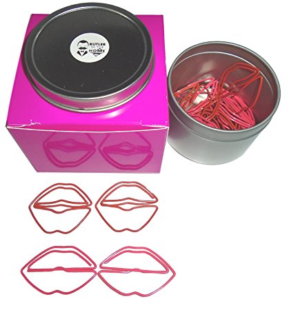 Butler in the Home Decorative Color Lip Clips Lip and Mouth Shaped Paper Clips or Book Page Markers Red and Pink (20 Count Pack, Silver Tin in Pink Gift Box)