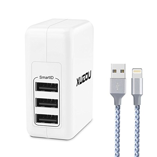 AOFU iPhone Charger,4.8A 24W 3-Port Portable USB Travel Wall Charger Adapter with Foldable Plug 6FT Long Lightning Cable Charging Cord for iPhone 7/7 Plus/6S Plus/6 Plus/5S/SE/5C/5,iPad Pro/Air/Mini