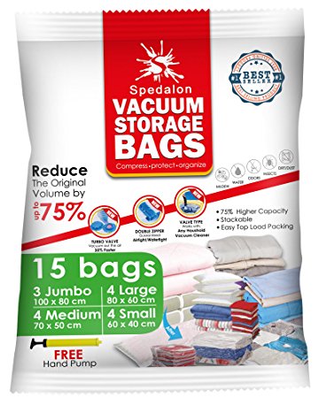 Vacuum Storage Bags - Pack of 15 (3 Jumbo (100x80cm)   4 Large (80x60)   4 Medium (70x50)   4 Small (60x40)) ReUsable space savers with free Hand Pump for travel packing. Best Sealer Bags for Clothes, Duvets, Bedding, Pillows, Blankets, Curtains
