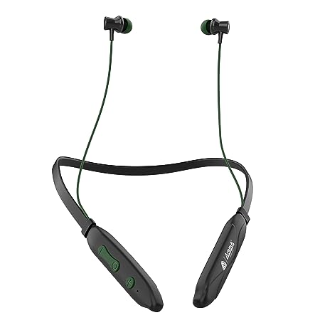 Aroma NB128 Happy 24 Hours Playing Time | Deep Bass| Made in India Neckband Earphone Bluetooth Headset (Black, Green)
