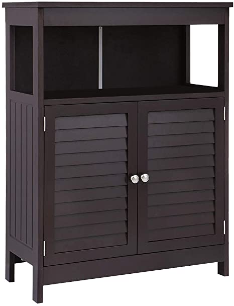 KINGSO Bathroom Floor Cabinet, Free Standing Bathroom Storage Cabinet with Double Shutter Door and Adjustable Shelf for Home Office-Brown