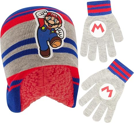 Nintendo boys Winter Hat and Kids Gloves Set, Super Mario Beanie for Ages 4-7