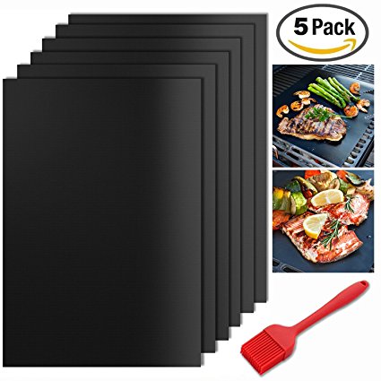 SIXQU Grill mat, set of 5 Non-stick BBQ Grill & Baking Mats, FDA-Approved Heat Resistant Reusable and Easy to Clean - Works on Gas, Charcoal, Electric Grill and More - 15.75 x 13 Inch