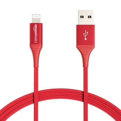 AmazonBasics Double Braided Nylon Lightning to USB Cable - Advanced Collection, MFi Certified Apple iPhone Charger, Red, 6-Foot (Durability Rated 10,000 Bends)