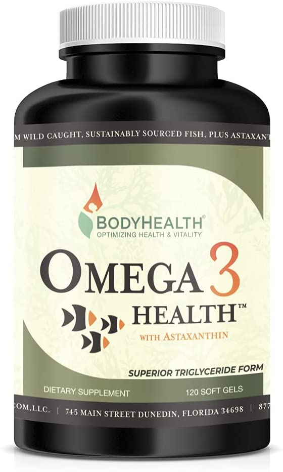 BodyHealth Omega 3 Health Fish Oil – 2month Supply (120 Soft gels). Heart, Brain, Vision Health. with astaxanthin and Vitamin D3. No Fishy burps.