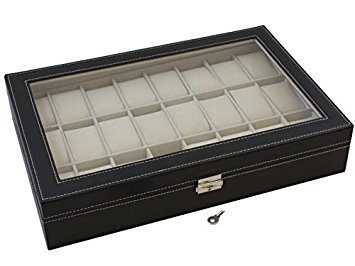 TMS Black Leather 24 Mens Watch Box Large Glass Top Display Jewelry Case Organizer