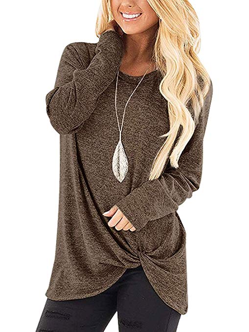 DUOSTICK Womens Waffle Knit Twist Knot Pullover Tops Loose Fitting Plain Shirts