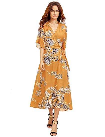 Milumia Women's Boho Deep V Neck Floral Chiffon Wrap Split Long Dress