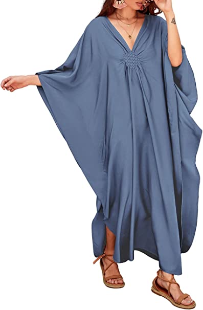 Bsubseach Women Solid Color Cover Up V Neck Kaftan Dresses Batwing Sleeve Plus Size Beachwear