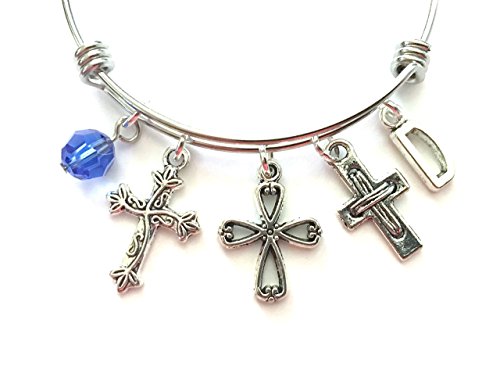 Cross themed personalized bangle bracelet. Antique silver charms and a genuine Swarovski birthstone colored element.