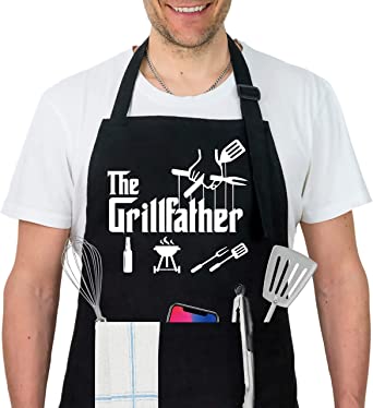 Funny Aprons for Men Women w/ Pockets - Grilling BBQ Gifts for Dad Mom Him Her
