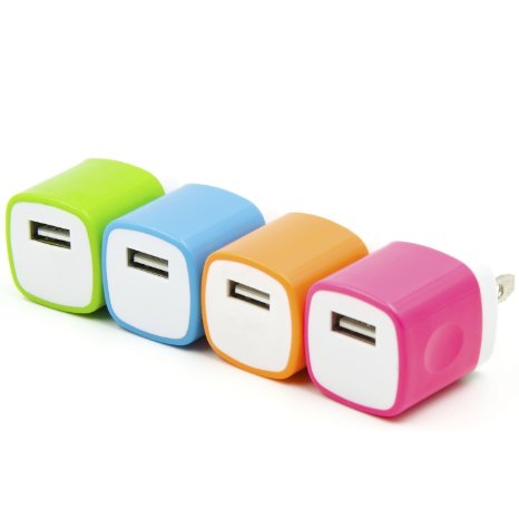 Wall charger plug, MyGo2Shop Universal usb adapter Wall Charger plug for Iphone 6 5 5s 5c 4s, Ipad 2 3 4, Ipad Mini, Ipod Touch, Ipod Nano, Samsung Galaxy S5 S4 S3 Note 2 3 and Most Android Phones (4 Pack Multi Color)