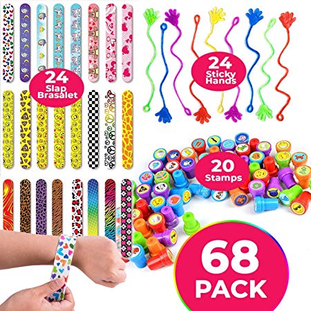 Ultra-Tech Super Party Favors 68 Pack – 24 Slap Bracelets Full Designs   24 Sticky Hands Colorful   20 Stamps for Kids Self-Ink Stamps… Super Party Favors Combo