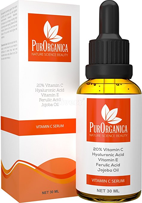 PurOrganica VITAMIN C SERUM for Face - Premium 20% Vitamin C with Hyaluronic Acid - Top Anti Wrinkle, Anti Ageing Face, Eye and Neck Organic Serum - 30ML bottle