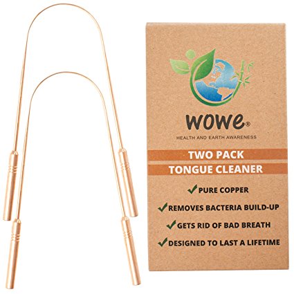 Tongue Scraper Cleaner (2 Pack) - Pure Copper Metal - Get Rid of Bacteria and Bad Breath - by WowE LifeStyle Products (Copper)