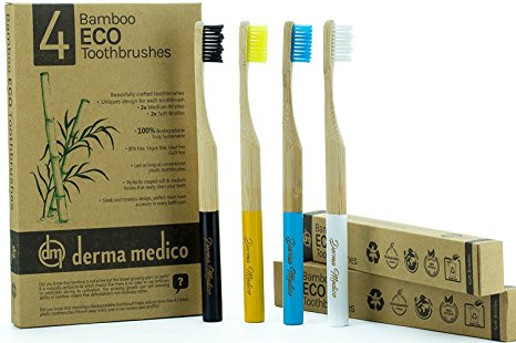 Bamboo Toothbrush by Derma Medico | Pack of 4 Beautifully Crafted Bamboo Toothbrushes with Rounded Handle - 3 Eco Toothbrushes   1 Charcoal Bristle Toothbrush | Soft and Medium Bristles | Needle and