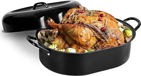 Granitestone 18.8 Inch XL Turkey Roaster Pan with Lid - Ultra Nonstick Turkey Pan for Oven with Grooved Bottom for Basting, Large Roasting Pan for Oven Serves 6-12 People, Dishwasher Safe, PFOA Free